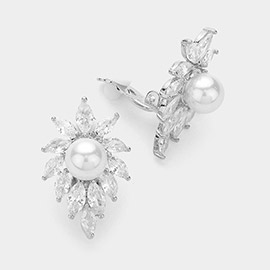 CZ Marquise Stone Cluster Around Pearl Clip On Earrings