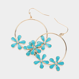 Stone Pointed Enamel Flower Open Ring Dangle Earrings