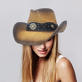 Vintage Metal Western Flower Pointed Genuine Leather Straw Cowboy Hat