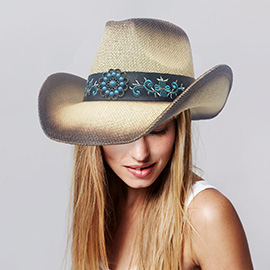 Turquoise Stone Western Flower Pointed Flower Embroidered Genuine Leather Band Straw Cowboy Hat