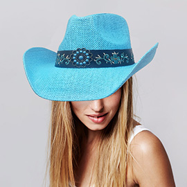 Turquoise Stone Western Flower Pointed Flower Embroidered Genuine Leather Band Straw Cowboy Hat