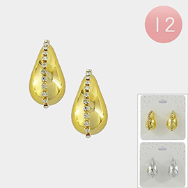 12Pairs - Rhinestone Rim Centered Teardrop Earrings