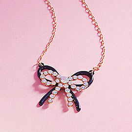 Rhinestone Pointed Enamel Bow Pendant Necklace