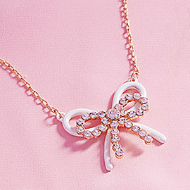 Rhinestone Pointed Enamel Bow Pendant Necklace