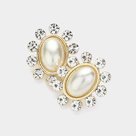 Oval Pearl Pointed Rhinestone Rim Stud Earrings