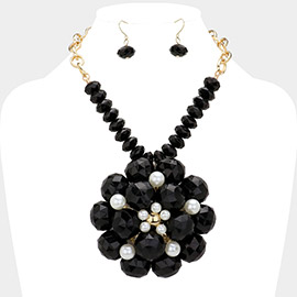 Pearl Pointed Glass Faceted Beads Flower Accented Pendant Statement Necklace