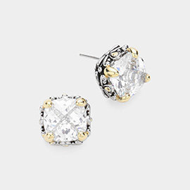 Square CZ Stone Cluster Stud Earrings