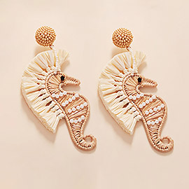 Pearl Accented Raffia Seahorse Dangle Earrings