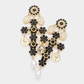 Flower Rhinestone Paved Pearl Pointed Earrings