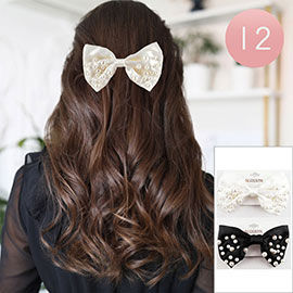 12PCS - Pearl Embellished Bow Barrettes 