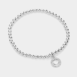 Stainless Steel Stone Paved Smile Emoji Charm Stretch Ball Bracelet