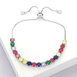 Stainless Steel Round CZ Stone Tennis Chain Pull Tie Adjustable Bracelet