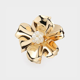 Pearl Beaded Ball Center Metal Petal Flower Adjustable Ring