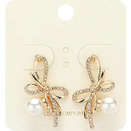 Pearl Pointed Rhinestone Paved Bow Earrings