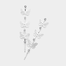 Stone Pointed Metal Cutout Triple Butterfly Link Dropdown Earrings