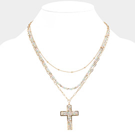 Faceted Beaded Metal Paperclip Chain Layered Cross Pendant Necklace