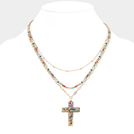 Faceted Beaded Metal Paperclip Chain Layered Cross Pendant Necklace