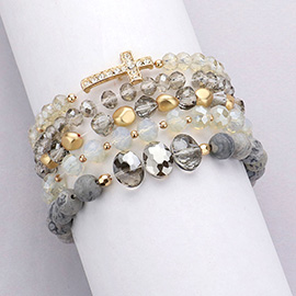 5PCS - Stone Paved Cross Pendant Pointed Faceted Beaded Multi Layered Bracelets