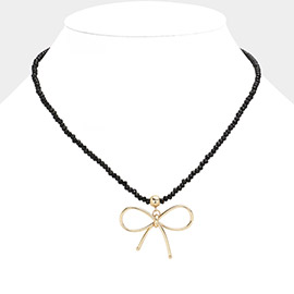 Faceted Beaded Brass Metal Wire Bow Pendant Necklace