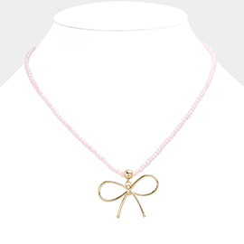 Faceted Beaded Brass Metal Wire Bow Pendant Necklace