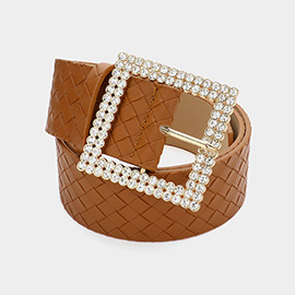 Round Rhinestone Embellished Square Buckle Braided Faux Leather Belt