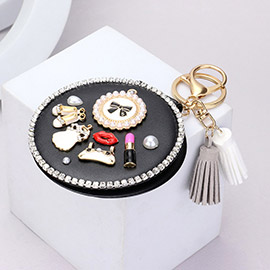 Enamel Pearl Bow Shoes Lipstick Charm Embellished Faux Leather Tassel Compact Mirror / Keychain