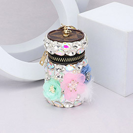 Flower Pom Pom Pointed Teardrop Glass Stone Embellished Cylinder Soft Case Lipstick Bag / Keychain