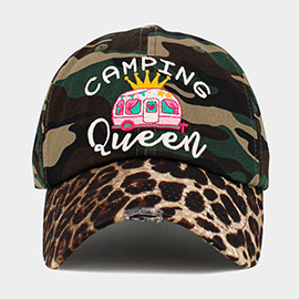 CAMPING QUEEN Message Leopard Vintage Baseball Cap