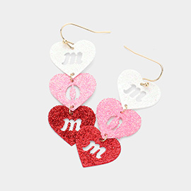 MOM Cutout Glittered Metal Heart Link Dropdown Earrings