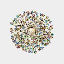 Round Stone Centered Rhinestone Embellished Branch Flower Pin Brooch