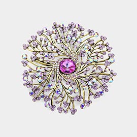 Round Stone Centered Rhinestone Embellished Branch Flower Pin Brooch