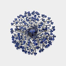 Round Stone Centered Rhinestone Embellished Branch Flower Pin Brooch