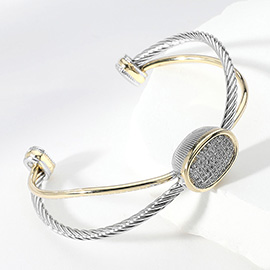 CZ Stone Paved Oval Pointed Two Tone Split Cuff Bracelet