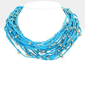 Metal Ball Beads Pointed Raffia Thread Multi Layered Necklace