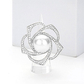 Pearl Centered Rhinestone Flower Stretch Ring