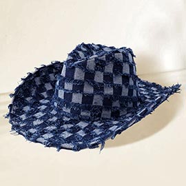 Fringe Denim Checkered Cowboy Western Hat