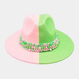 Pearl Embellished Band Pointed Color Block Fedora Hat