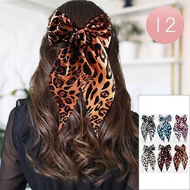 12PCS - Oversized Leopard Print Satin Bow Barrettes