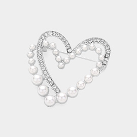 Pearl Stone Paved Open Heart Pin Brooch