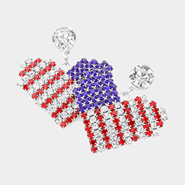 American USA Flag Rhinestone Paved Heart Dangle Earrings