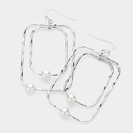 Pearl Pointed Hammered Metal Double Open Rectangle Dangle Earrings