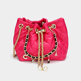 Enamel Charm Chain Pointed Faux Leather Pearl Pointed Chain Mini Bucket Bag