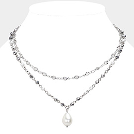 Pearl Pointed Clear Bezel Station Layered Necklace