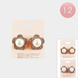 12Pairs - Pearl Pointed Stone Paved Flower Stud Earrings