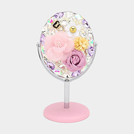 Flower Pearl Stone Embellished Oval Shaped Makeup Tabletop Swivel Mirror