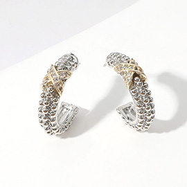 14K Gold Plated CZ Stone Paved Criss Cross Pointed Hoop Earrings