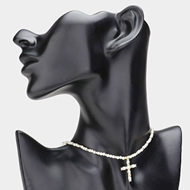 Marquise Stone Cluster Cross Pendant Beaded Choker Necklace