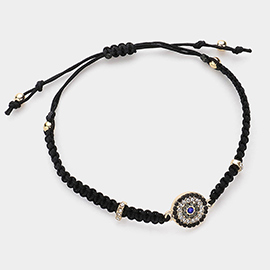 Stone Paved Evil Eye Pointed Braided Adjustable Pull Tie Cinch Bracelet