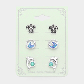 3Pairs - Sea Turtle Wave Dolphin Stud Earrings Set