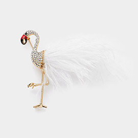 Stone Paved Feather Tip Flamingo Pin Brooch